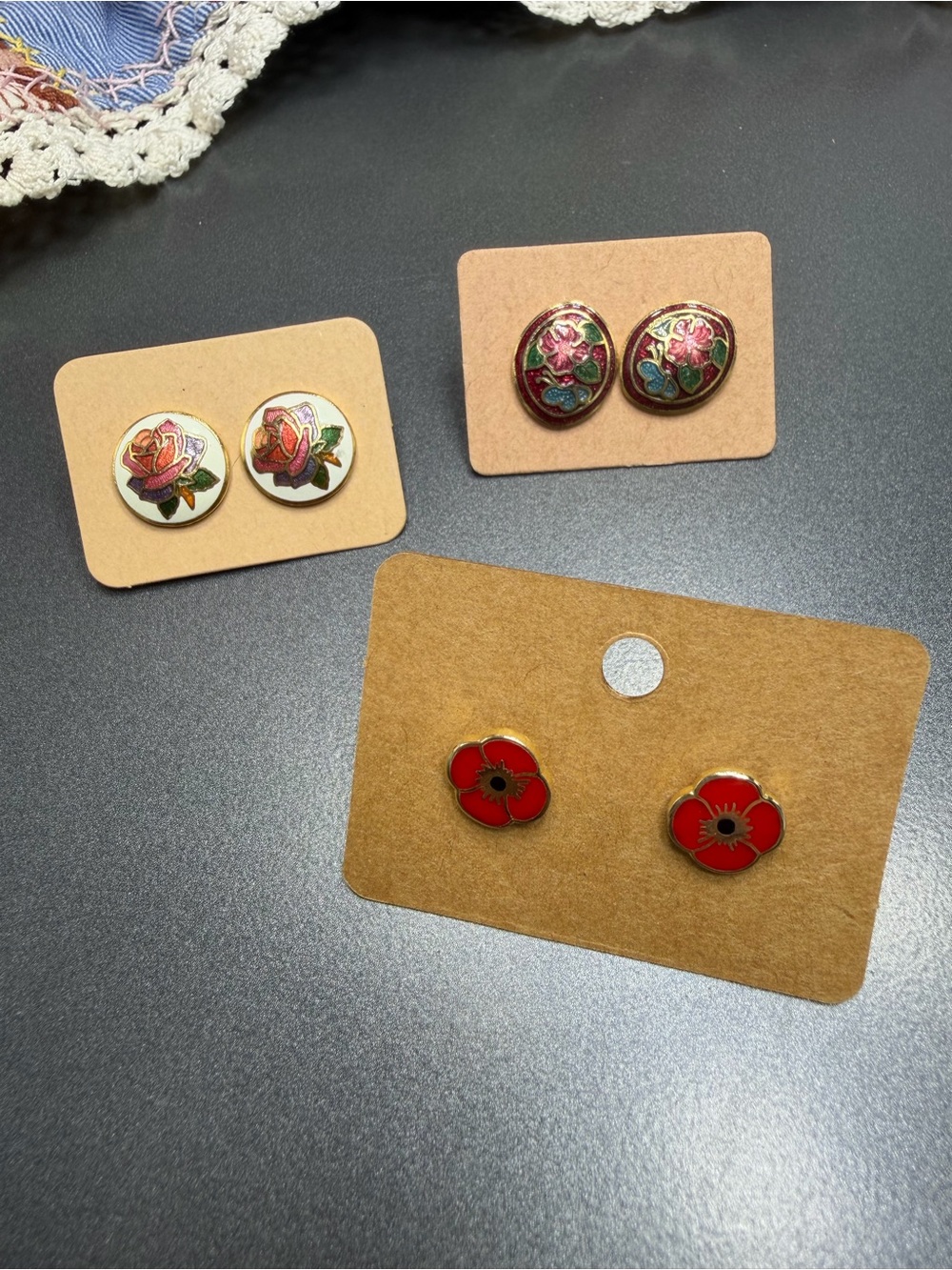 😎30%off Vintage Cloisonné  Earrings Butterfly and Rose pierced #335CE